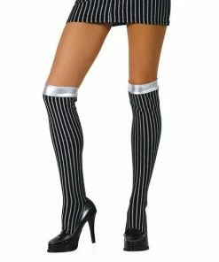 Roma Womens Black And Silver Stripe Thigh High Tights For Adults